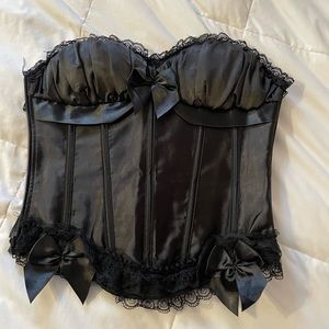 NWOT Black satin strapless corset top with lace and bow details
